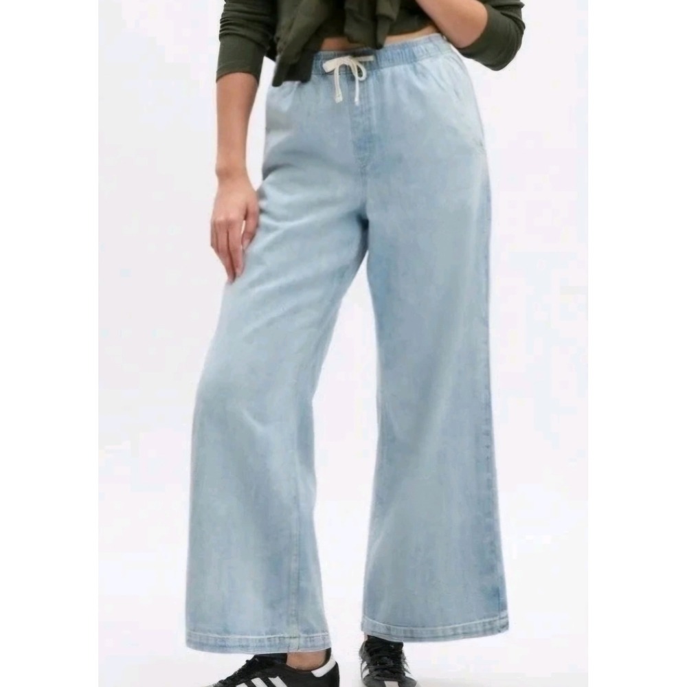 Gap Wide Leg Lg Jeans Wom Sz Lg Lt Blue Denim High Rise Drawstring Elastic Boho